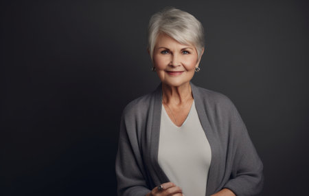 Portrait of a beautiful senior woman with gray hair on a dark backgroundの素材
