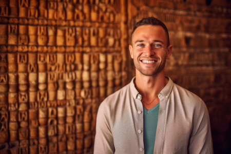 Portrait of a handsome young man smiling at camera in a restaurantの素材