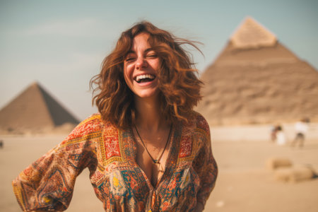 Beautiful young woman in front of the giza pyramids in Egyptの素材