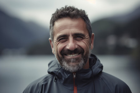 Portrait of a handsome man with a beard in a black jacketの素材