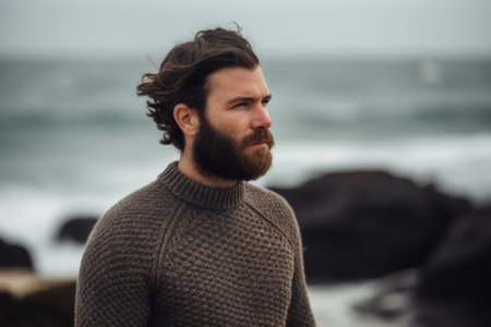 Portrait of a handsome bearded man with long hair wearing a warm sweater on the beach.の素材