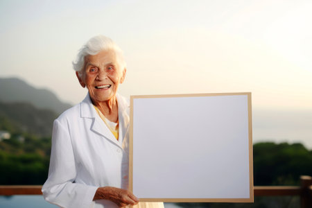 Senior woman doctor holding a blank white board on the balcony at sunriseの素材