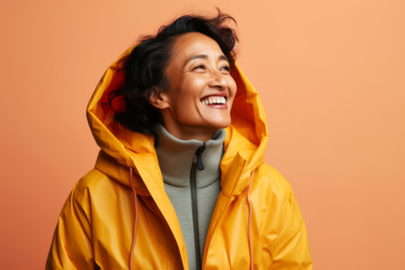 smiling asian woman in raincoat looking away isolated on orangeの素材