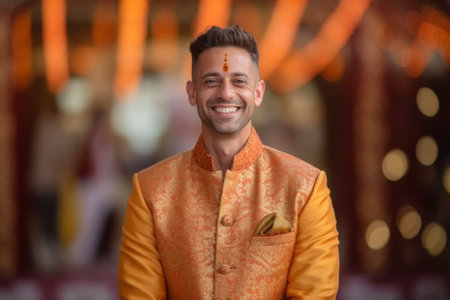 Portrait of a handsome young man in a yellow suit with a big smile on his faceの素材