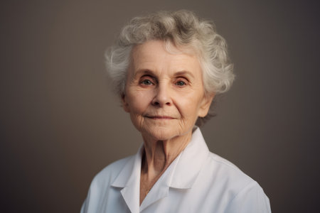 Portrait of a senior woman looking at the camera on a gray backgroundの素材