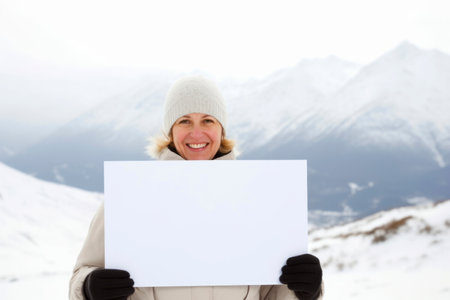 Mature woman holding white sheet of paper on the background of snowy mountainsの素材