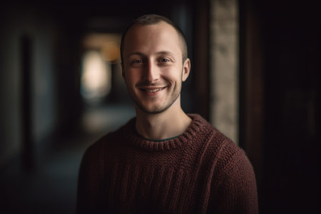 Portrait of a handsome young man smiling at the camera in a dark roomの素材