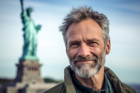 Portrait of mature man in front of Statue of Liberty in New York Cityの素材