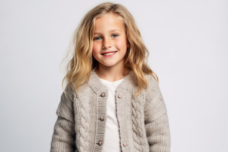 Portrait of a cute little girl with long blond hair in a sweater on a white backgroundの素材