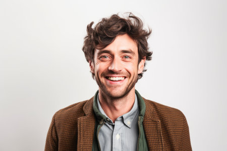 Portrait of a happy young man smiling isolated on a white backgroundの素材