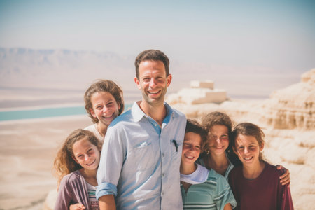 Happy family with kids standing in the middle of the desert, looking at cameraの素材