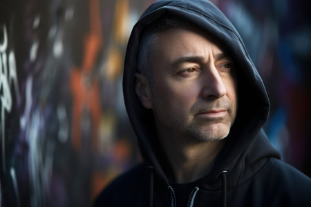 Portrait of a man in a hood on a background of graffitiの素材