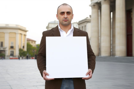 Handsome young man holding a blank white sheet of paper, outdoorsの素材