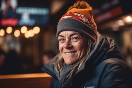 Portrait of a happy senior woman in winter clothes sitting at the cafe.の素材