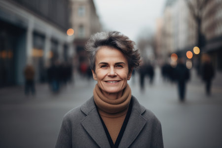 Portrait of a smiling middle-aged woman in a gray coat on a city streetの素材