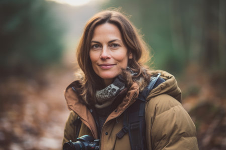 Portrait of a beautiful woman with a camera in the autumn forestの素材
