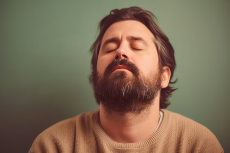 Young man with a beard and mustache closing his eyes with his handsの素材