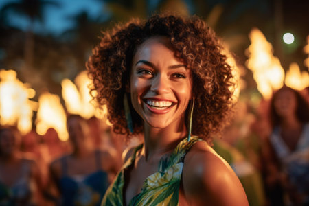 Portrait of a beautiful African American woman dancing at a beach partyの素材