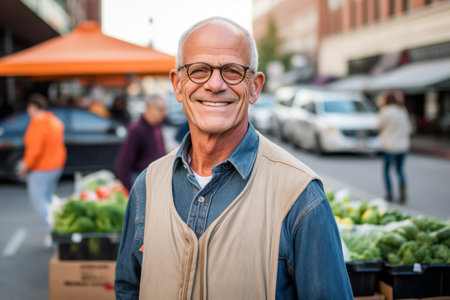 Portrait of smiling senior man standing with box of vegetables at marketの素材