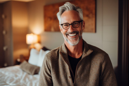 Portrait of a smiling senior man in glasses sitting on the bed at homeの素材