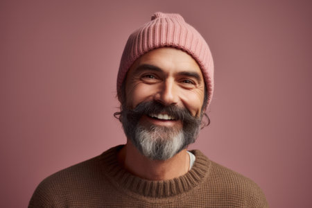 Portrait of a handsome bearded man in a pink hat and sweaterの素材