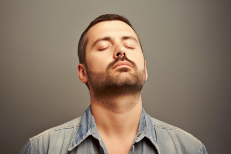 Handsome young man with closed eyes, isolated on gray backgroundの素材