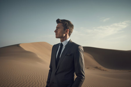Handsome businessman in the middle of the desert, looking awayの素材