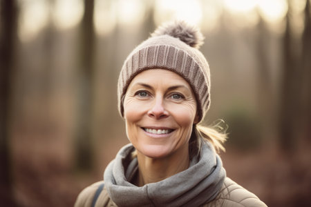 Portrait of smiling woman in winter cap and scarf in the forestの素材
