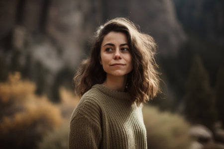 Portrait of a beautiful young woman in the middle of the mountainsの素材