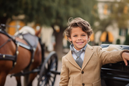 Portrait of smiling boy in coat with horse drawn carriage on streetの素材