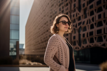 Beautiful young woman in sunglasses on the background of a modern buildingの素材