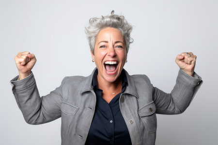 Portrait of a happy senior business woman celebrating success over gray backgroundの素材