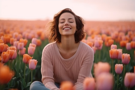 Happy young woman sitting in tulip field and looking at the sunsetの素材