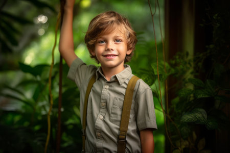 Portrait of a cute little boy in the garden. Education concept.の素材