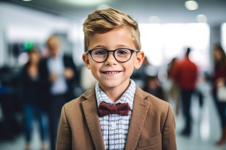 Portrait of smiling boy with eyeglasses in corridor at schoolの素材