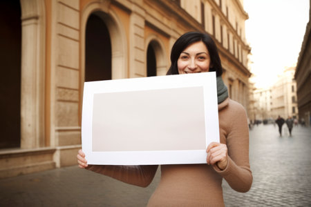Young woman holding a blank white sheet of paper on the city streetの素材