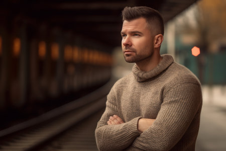 Portrait of a handsome young man standing with his arms folded in a train station.の素材