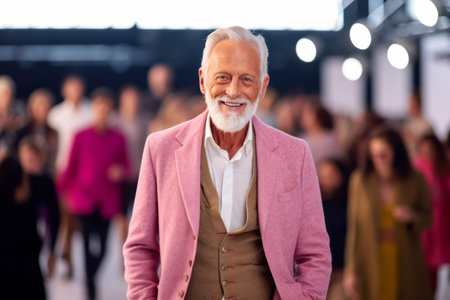 senior man in suit looking at camera on fashion show with people in backgroundの素材