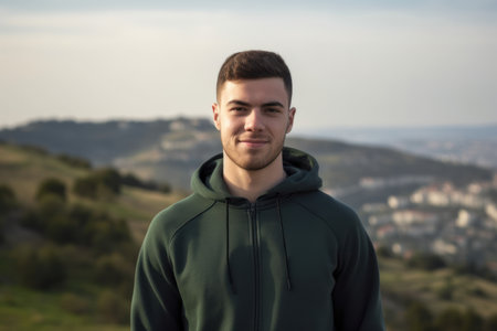 Portrait of a handsome young man in a green hoodie standing on the top of a mountain.の素材