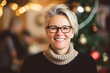 Portrait of smiling mature woman in eyeglasses at christmas timeの素材