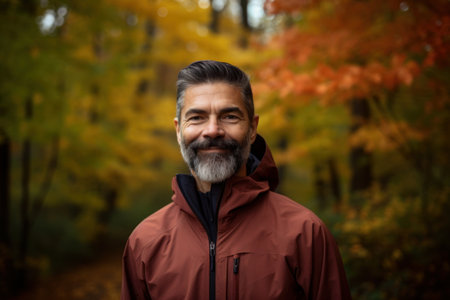 Portrait of a senior man with a beard in a red jacket in the autumn forest.の素材