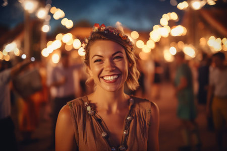 Portrait of smiling young woman with bokeh lights in the backgroundの素材