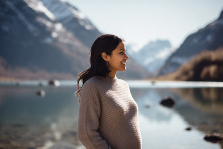 Beautiful young brunette woman in sweater on the background of mountains and lakeの素材