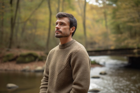 Portrait of a handsome man in the autumn forest. Outdoor shot.の素材