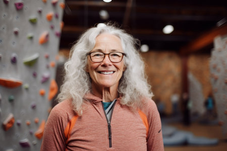 Portrait of smiling senior woman looking at camera while standing in climbing gymの素材