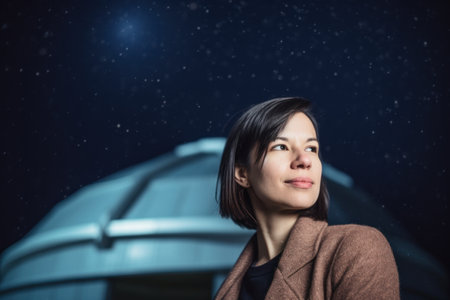 Young woman in front of an astronomical observatory looking up into the skyの素材