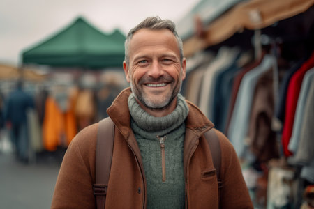Portrait of a smiling middle-aged man in a coat and scarf at the marketの素材