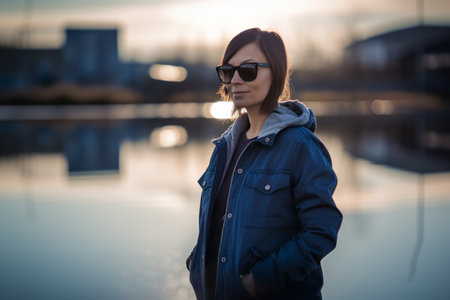 Young beautiful brunette woman in blue jacket and sunglasses posing in an urban contextの素材