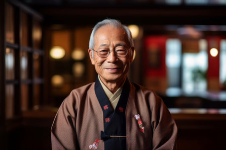 Portrait of a senior Japanese man wearing traditional clothes in a restaurantの素材