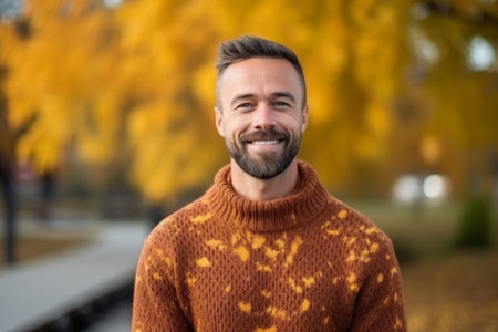 Portrait of a handsome young man in a sweater on an autumn backgroundの素材